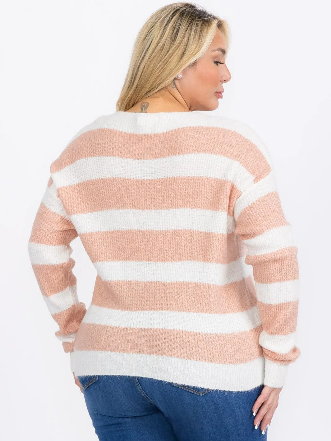 PLUS SIZE LONG SLEEVES PULLOVER V-NECK COLORBLOCK STRIPES SWEATER